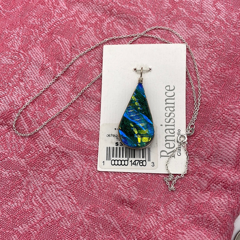 Teal Green Tear Drop Glass Pendant comes with chain